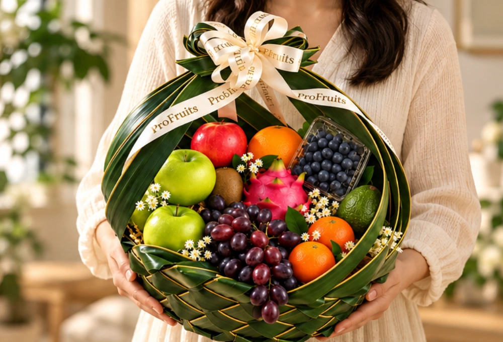 Premium exotic fruit basket with green apples, red apples, black grapes, blueberries, kiwi, avocado, dragon fruit and oranges beautifully arranged for gifting