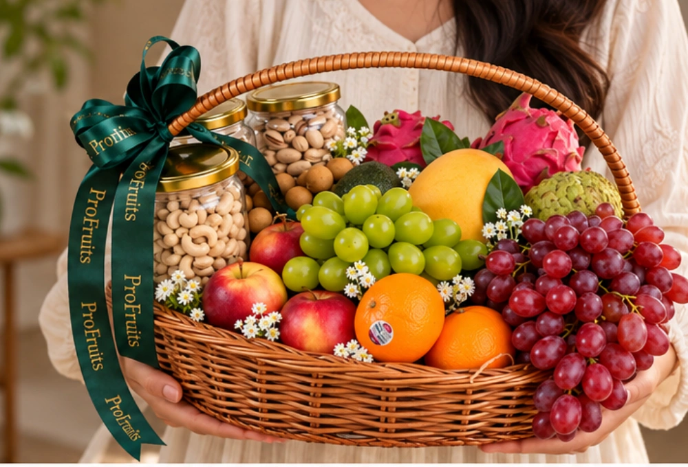 Premium exotic fruit and dry fruit gift basket with red and green grapes, Rockit apples, mandarins, custard apples, dragon fruit, Hass avocado, Egyptian mango, longan and premium dry fruit jars