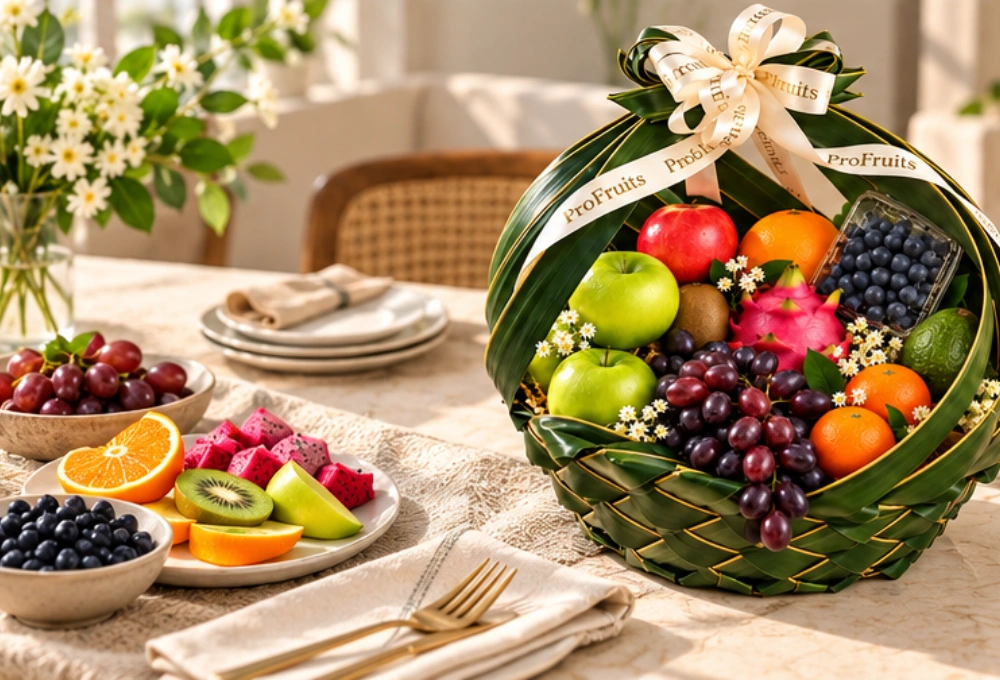Premium exotic fruit basket with green apples, red apples, black grapes, blueberries, kiwi, avocado, dragon fruit and oranges beautifully arranged for gifting