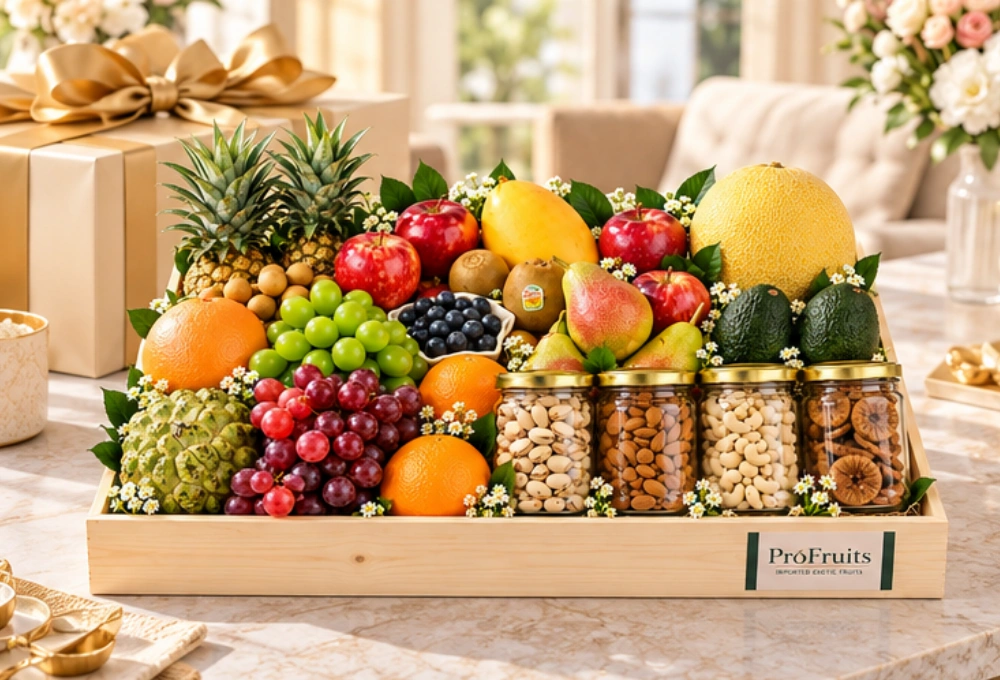 Premium handcrafted 24-inch wooden tray filled with exotic fruits
