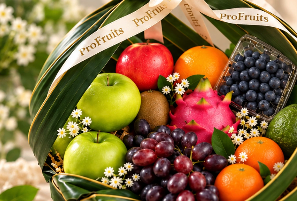 Premium exotic fruit basket with green apples, red apples, black grapes, blueberries, kiwi, avocado, dragon fruit and oranges beautifully arranged for gifting