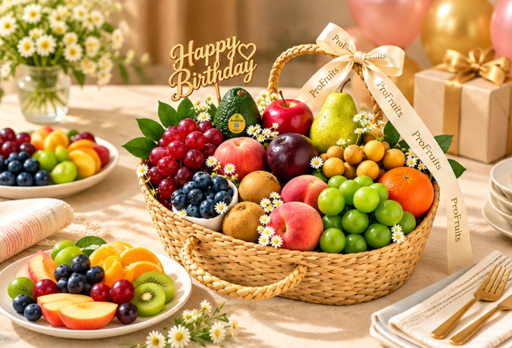 Elegant birthday exotic fruit basket with premium fresh fruits, Happy Birthday topper, flowers and ProFruits ribbon