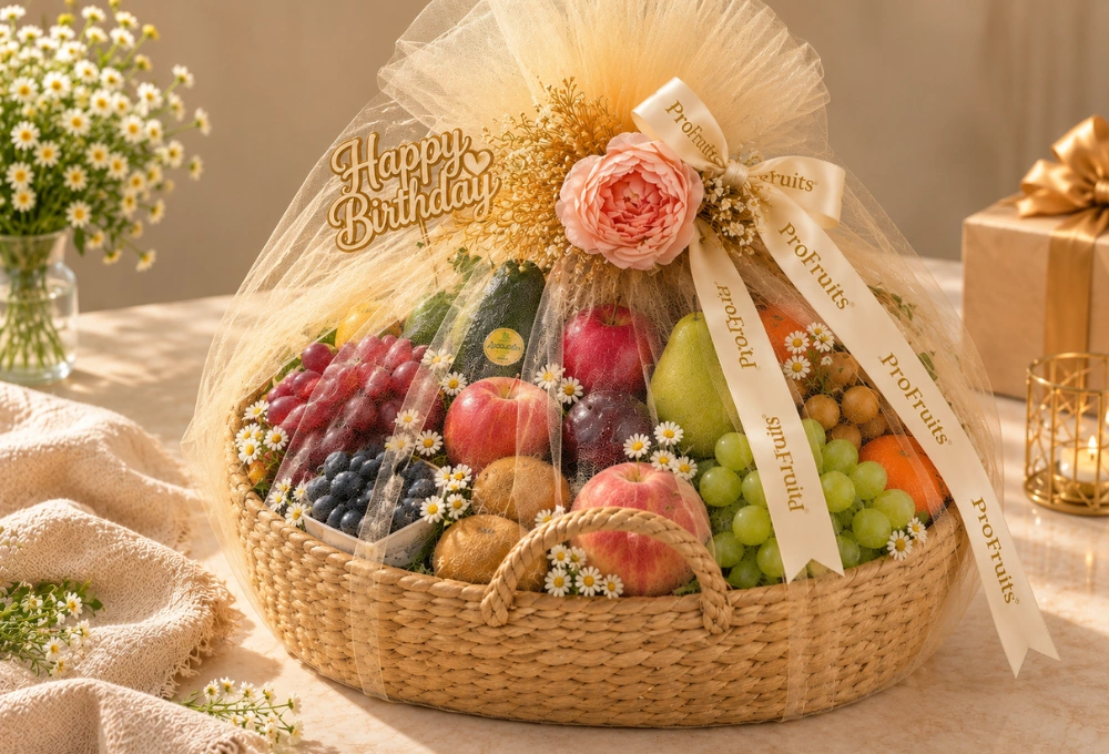 Elegant birthday exotic fruit basket with premium fresh fruits, Happy Birthday topper, flowers and ProFruits ribbon