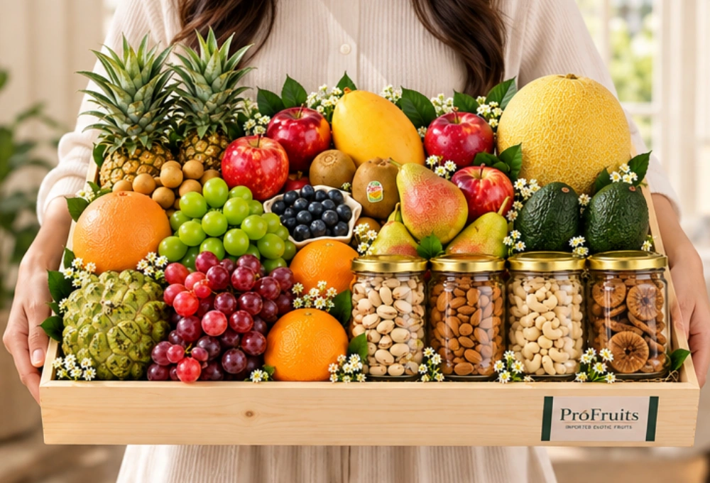 Premium handcrafted 24-inch wooden tray filled with exotic fruits