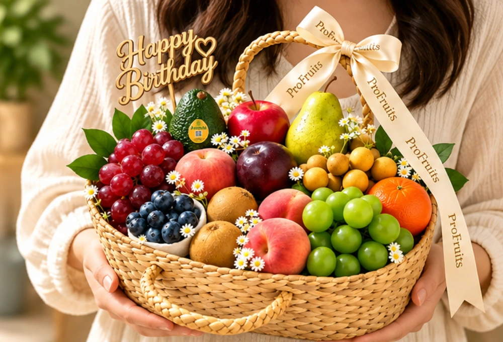 Elegant birthday exotic fruit basket with premium fresh fruits, Happy Birthday topper, flowers and ProFruits ribbon