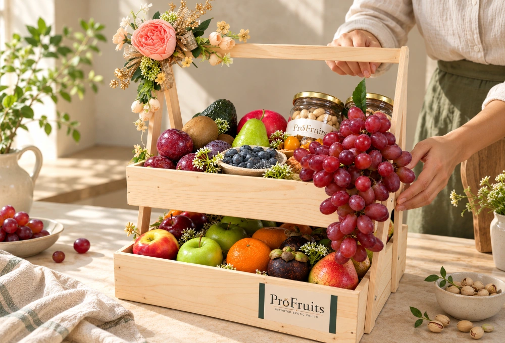 Premium double-stand wooden tray filled with Green Kiwi, China Plum, Red Seedless Grapes, Vermont Pear, Fuji Apple, Avocado, Gooseberry, Green Apple, Rockit Apple, Murcott Orange, Mangosteen, Red Beauty Pear, Cashew Jar, and Almond Jar.