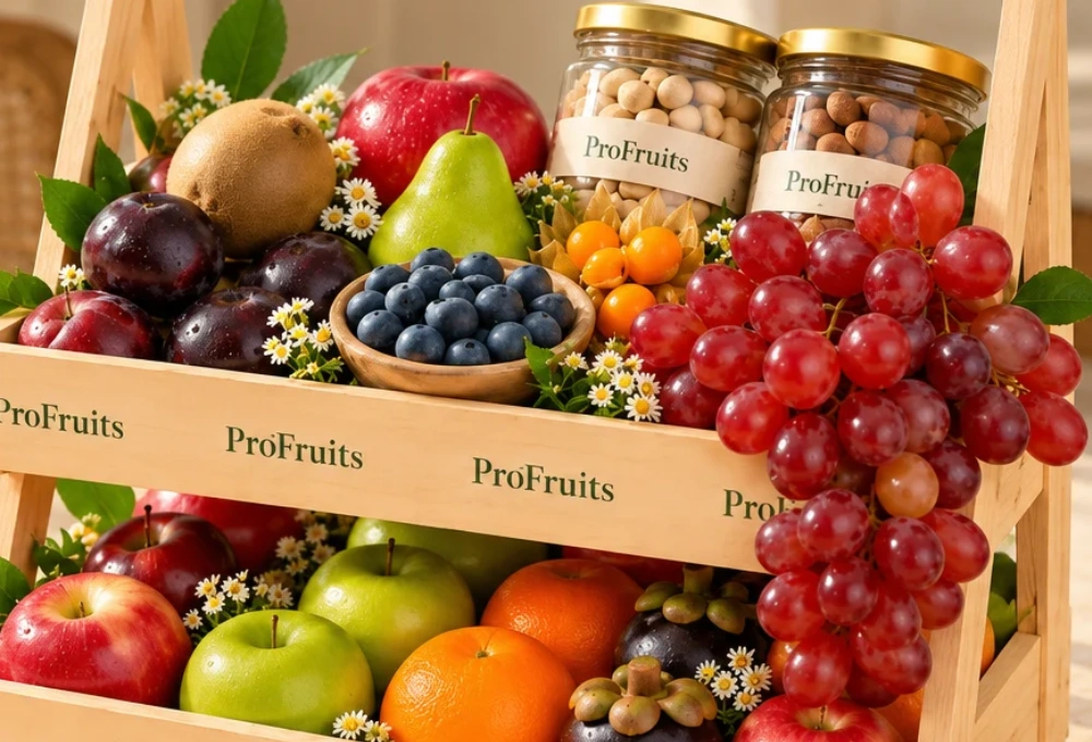 Premium double-stand wooden tray filled with Green Kiwi, China Plum, Red Seedless Grapes, Vermont Pear, Fuji Apple, Avocado, Gooseberry, Green Apple, Rockit Apple, Murcott Orange, Mangosteen, Red Beauty Pear, Cashew Jar, and Almond Jar.