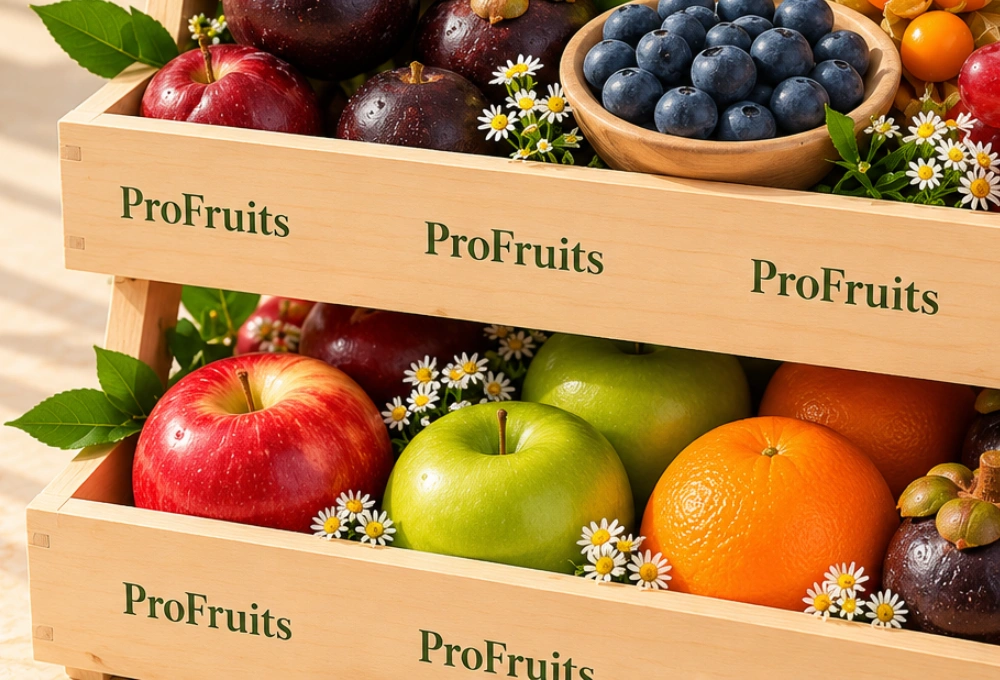 Premium double-stand wooden tray filled with Green Kiwi, China Plum, Red Seedless Grapes, Vermont Pear, Fuji Apple, Avocado, Gooseberry, Green Apple, Rockit Apple, Murcott Orange, Mangosteen, Red Beauty Pear, Cashew Jar, and Almond Jar.