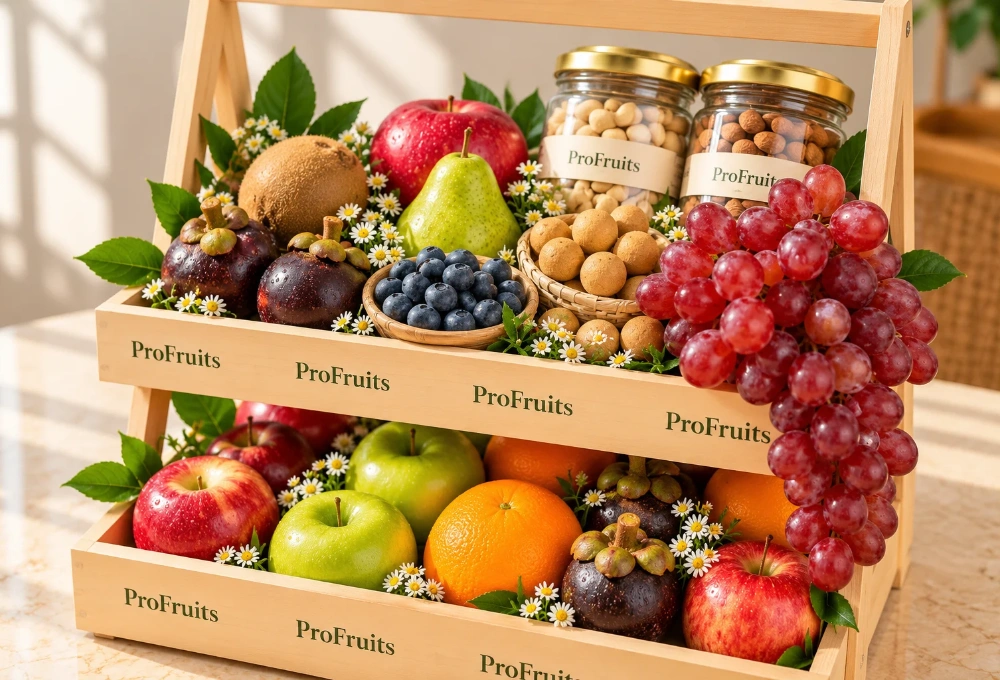 Premium double-stand wooden tray filled with Green Kiwi, China Plum, Red Seedless Grapes, Vermont Pear, Fuji Apple, Avocado, Gooseberry, Green Apple, Rockit Apple, Murcott Orange, Mangosteen, Red Beauty Pear, Cashew Jar, and Almond Jar.
