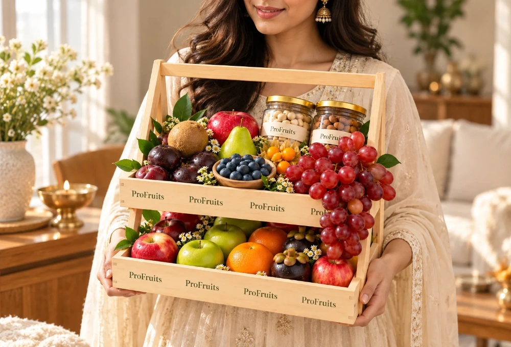 Premium double-stand wooden tray filled with Green Kiwi, China Plum, Red Seedless Grapes, Vermont Pear, Fuji Apple, Avocado, Gooseberry, Green Apple, Rockit Apple, Murcott Orange, Mangosteen, Red Beauty Pear, Cashew Jar, and Almond Jar.