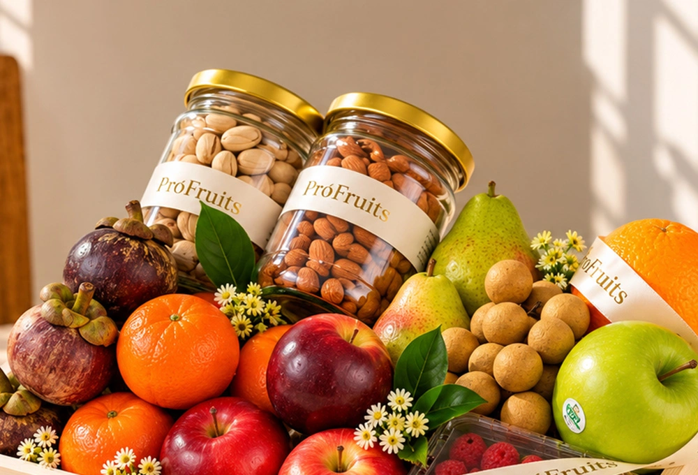 Premium ProFruits wooden fruit tray featuring With Exotic Flowers & Dry Fruits