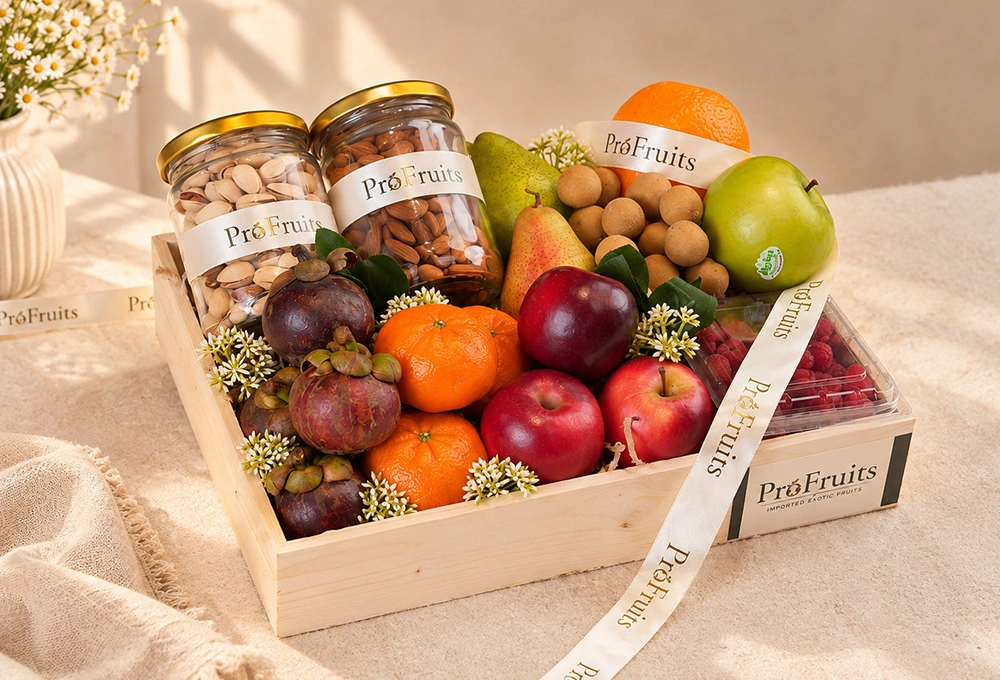 Premium ProFruits wooden fruit tray featuring With Exotic Flowers & Dry Fruits