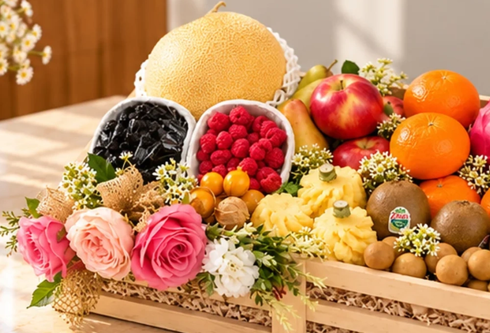 Premium wooden fruit tray filled with Golden Kiwi, Golden Emerald Muskmelon, Red Beauty Pear, Rockit Apple, Kutch Dragon Fruit, Murcott Orange, Longan, Honey Pineapple, Gooseberries, Mulberries, and Raspberries.