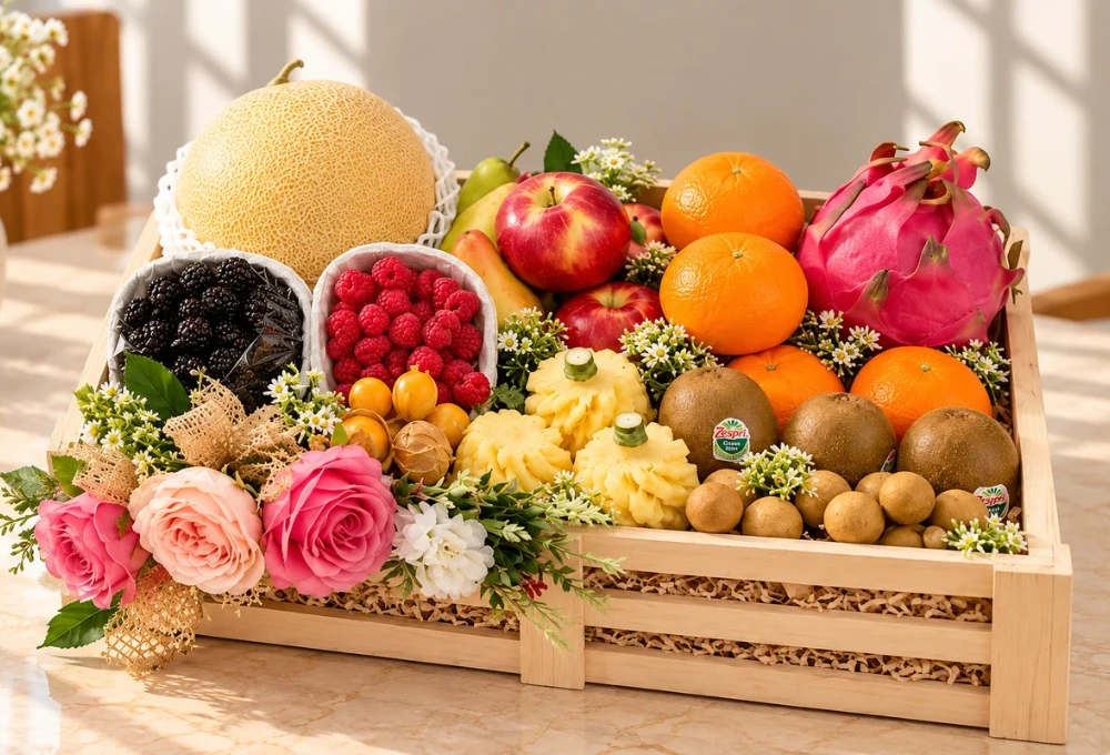 Premium wooden fruit tray filled with Golden Kiwi, Golden Emerald Muskmelon, Red Beauty Pear, Rockit Apple, Kutch Dragon Fruit, Murcott Orange, Longan, Honey Pineapple, Gooseberries, Mulberries, and Raspberries.