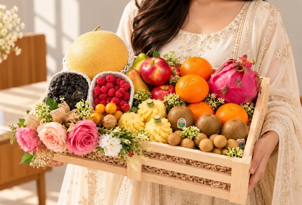 Premium wooden fruit tray filled with Golden Kiwi, Golden Emerald Muskmelon, Red Beauty Pear, Rockit Apple, Kutch Dragon Fruit, Murcott Orange, Longan, Honey Pineapple, Gooseberries, Mulberries, and Raspberries.