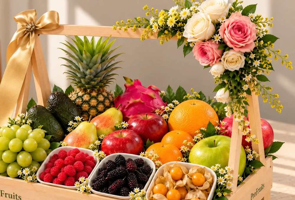 Premium exotic fruit assortment featuring Muscat Grapes, Avocado, Red Beauty Pears, Red Apples, Grapefruit, Pomegranate, Dragon Fruit, Honey Pineapple, Granny Smith Apples, Mulberries, Gooseberries, and Raspberries.