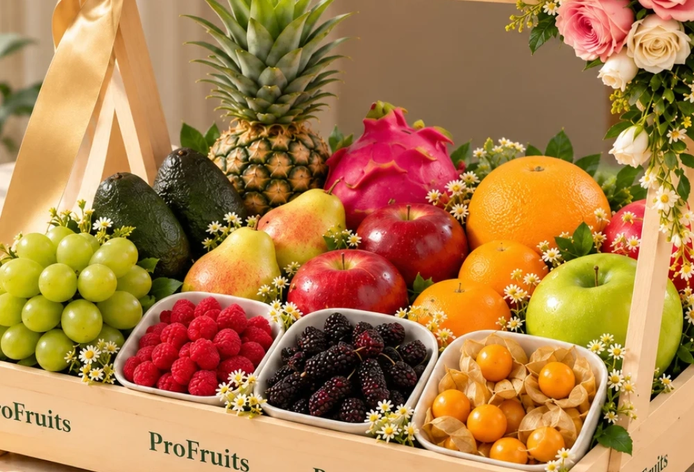 Premium exotic fruit assortment featuring Muscat Grapes, Avocado, Red Beauty Pears, Red Apples, Grapefruit, Pomegranate, Dragon Fruit, Honey Pineapple, Granny Smith Apples, Mulberries, Gooseberries, and Raspberries.