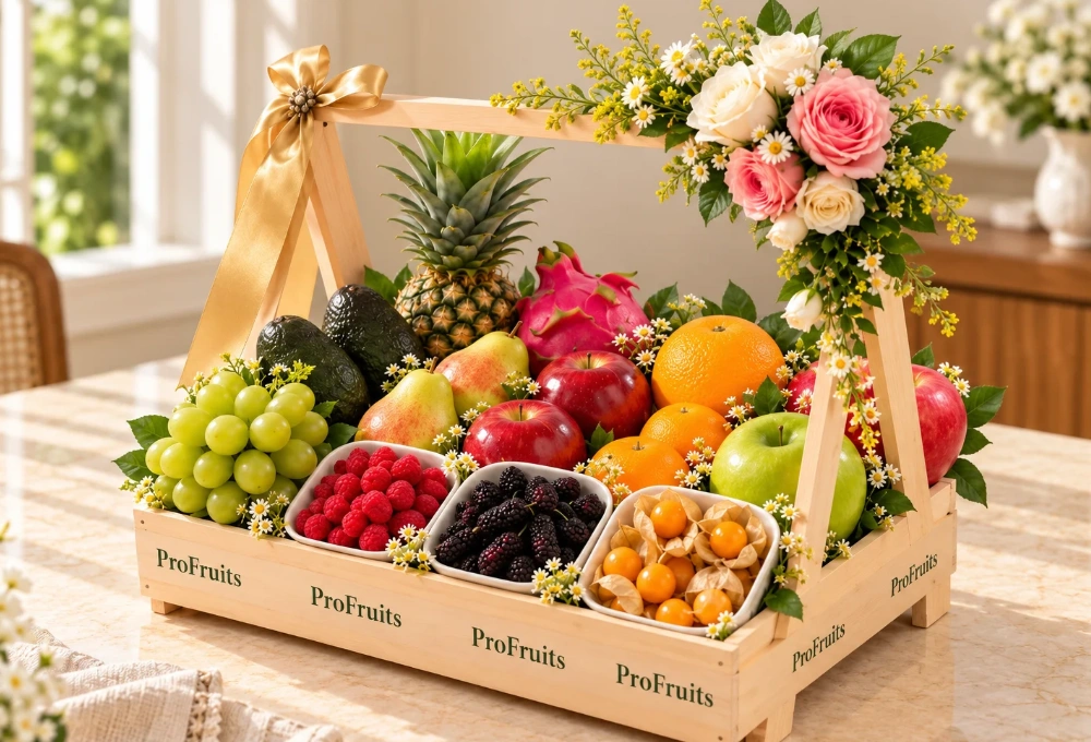 Premium exotic fruit assortment featuring Muscat Grapes, Avocado, Red Beauty Pears, Red Apples, Grapefruit, Pomegranate, Dragon Fruit, Honey Pineapple, Granny Smith Apples, Mulberries, Gooseberries, and Raspberries.