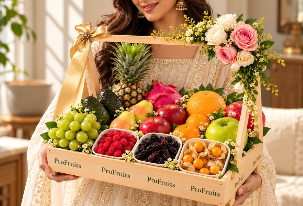 Premium exotic fruit assortment featuring Muscat Grapes, Avocado, Red Beauty Pears, Red Apples, Grapefruit, Pomegranate, Dragon Fruit, Honey Pineapple, Granny Smith Apples, Mulberries, Gooseberries, and Raspberries.