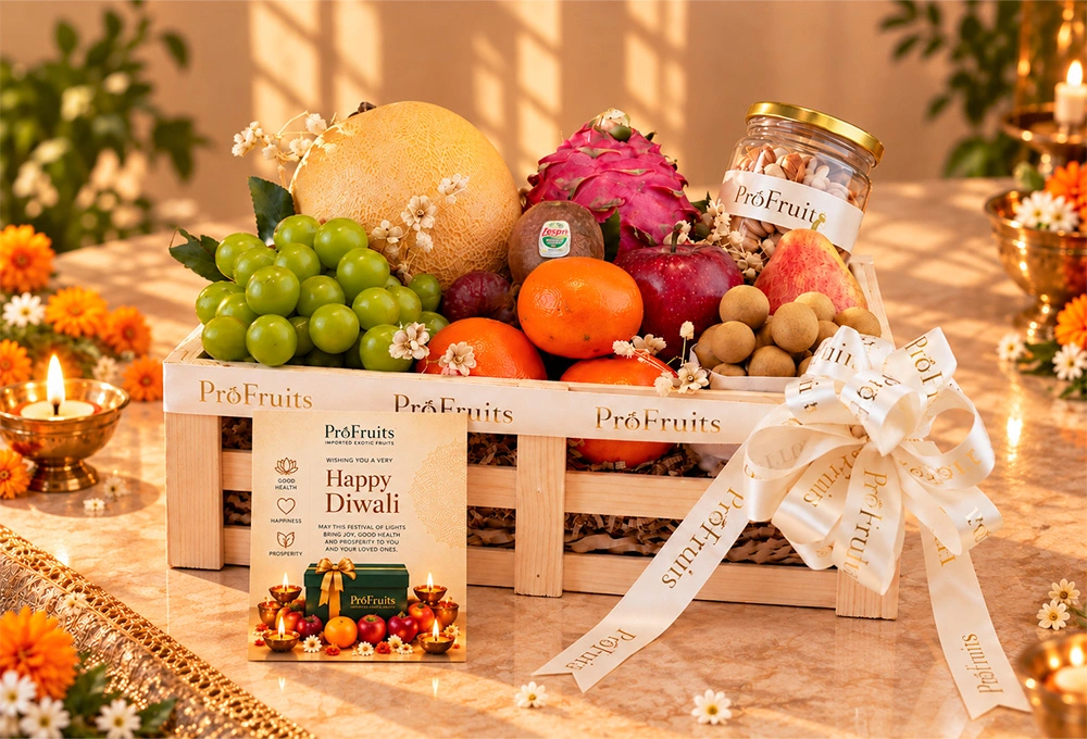 Premium ProFruits Diwali fruit and dry fruit hamper in a handcrafted wooden tray