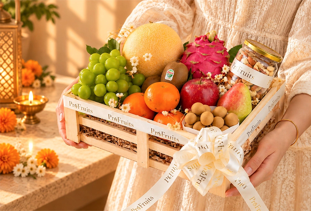 Premium ProFruits Diwali fruit and dry fruit hamper in a handcrafted wooden tray
