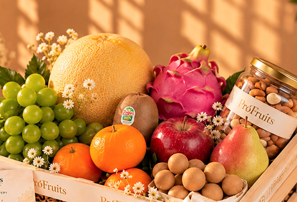 Premium ProFruits Diwali fruit and dry fruit hamper in a handcrafted wooden tray