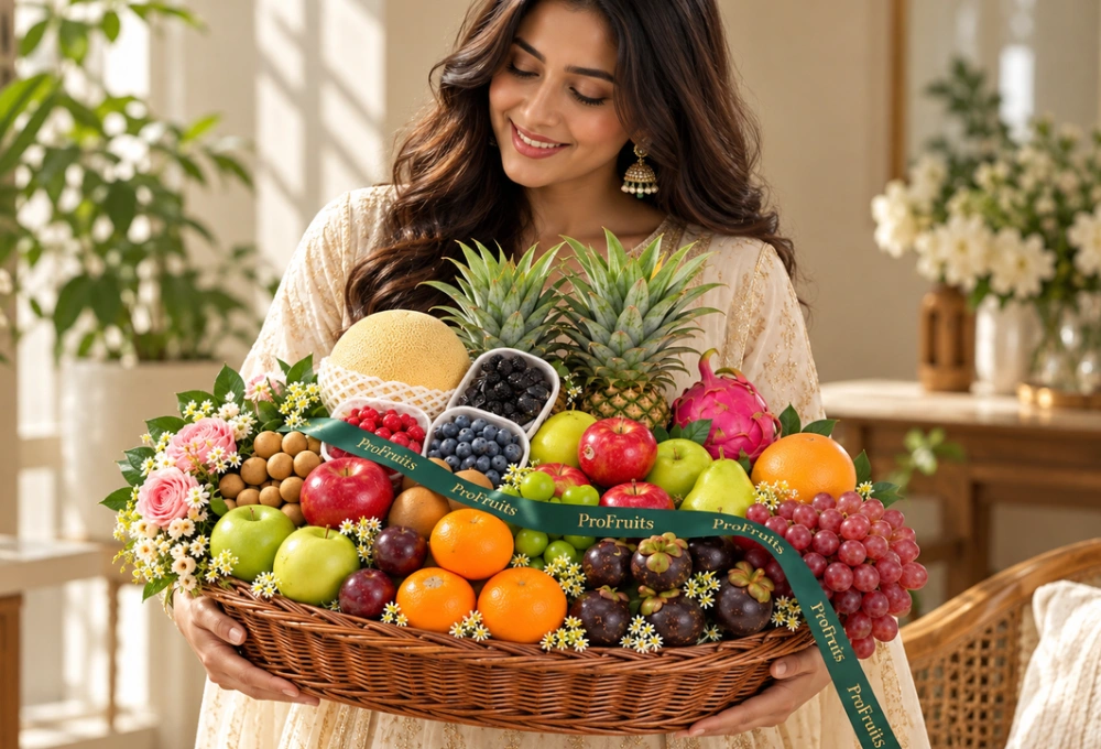 Premium exotic fruit basket filled with Golden Kiwi, Kutch Dragon Fruit, Mangosteen, Pink Guava, Red Ice Guava, Longan, Golden Emerald Muskmelon, Avocado, apples, pears, grapes, oranges, pineapple, blueberries, mulberries, and raspberries.