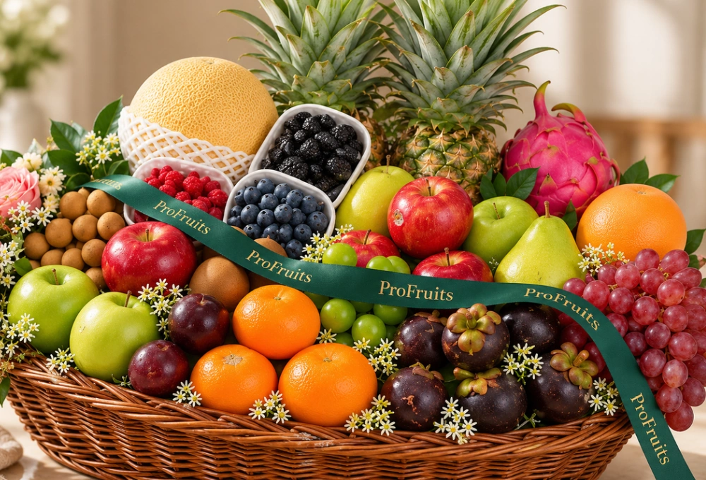 Premium exotic fruit basket filled with Golden Kiwi, Kutch Dragon Fruit, Mangosteen, Pink Guava, Red Ice Guava, Longan, Golden Emerald Muskmelon, Avocado, apples, pears, grapes, oranges, pineapple, blueberries, mulberries, and raspberries.