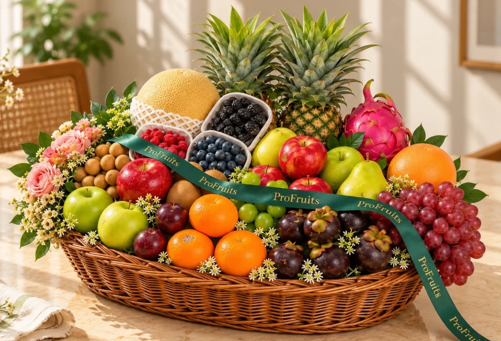 Premium exotic fruit basket filled with Golden Kiwi, Kutch Dragon Fruit, Mangosteen, Pink Guava, Red Ice Guava, Longan, Golden Emerald Muskmelon, Avocado, apples, pears, grapes, oranges, pineapple, blueberries, mulberries, and raspberries.