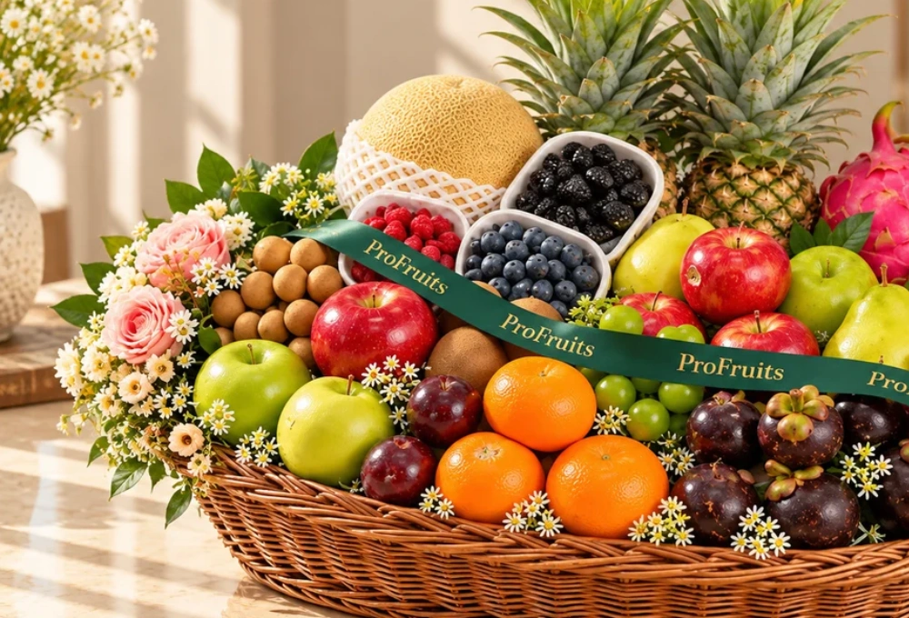 Premium exotic fruit basket filled with Golden Kiwi, Kutch Dragon Fruit, Mangosteen, Pink Guava, Red Ice Guava, Longan, Golden Emerald Muskmelon, Avocado, apples, pears, grapes, oranges, pineapple, blueberries, mulberries, and raspberries.