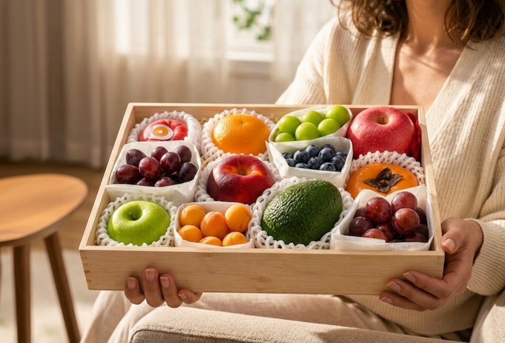 Buy a premium exotic fruit hamper beautifully arranged in a wooden gift box. A fresh, elegant and wholesome gift perfect for celebrations, corporate gifting and special occasions.