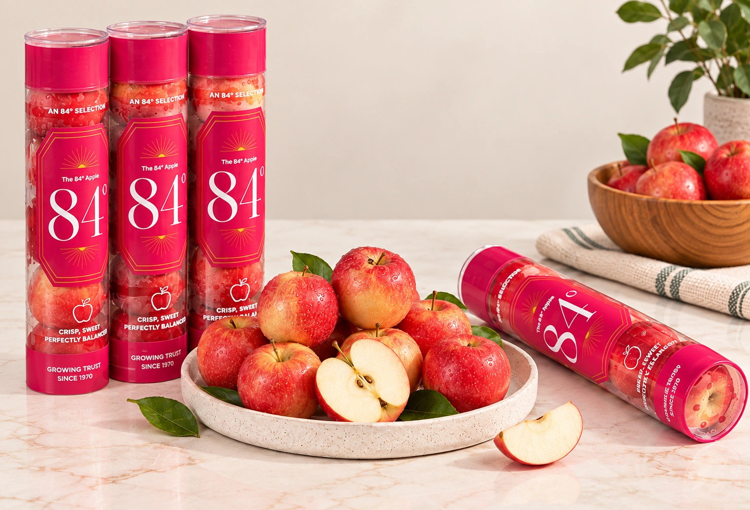 Premium 84° Selection Apples from New Zealand, crisp red apples presented in premium individual tubes