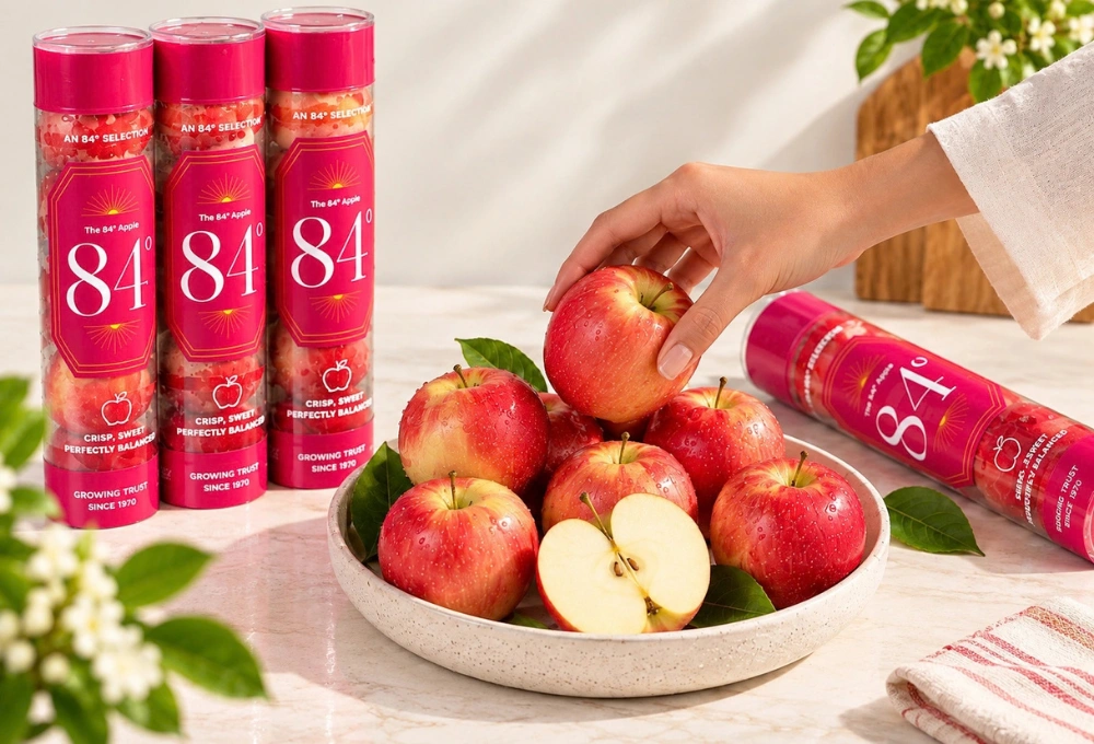 Premium 84° Selection Apples from New Zealand, crisp red apples presented in premium individual tubes