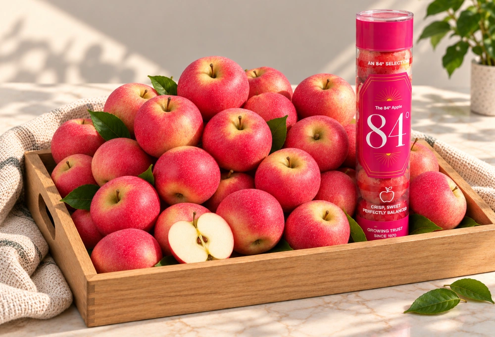 Premium 84° Selection Apples from New Zealand, crisp red apples presented in premium individual tubes