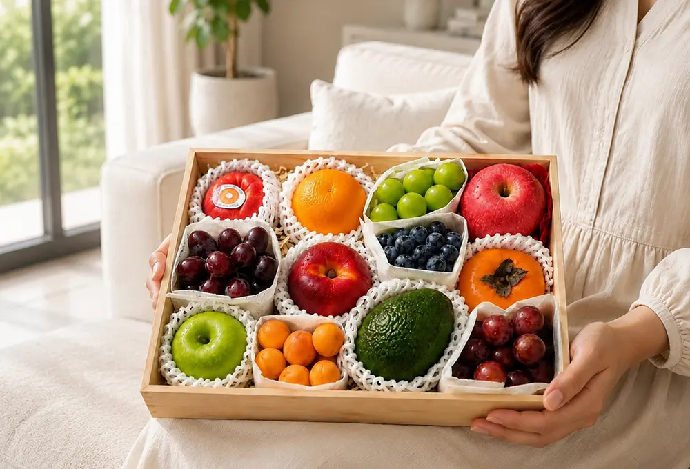 Buy a premium exotic fruit hamper beautifully arranged in a wooden gift box. A fresh, elegant and wholesome gift perfect for celebrations, corporate gifting and special occasions.