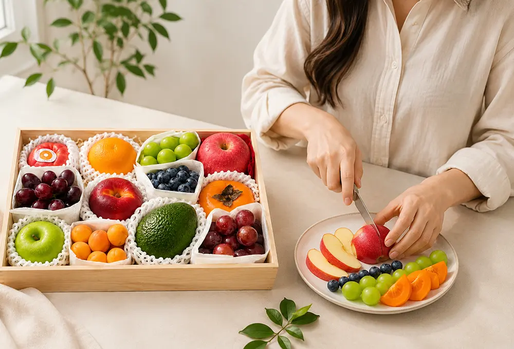 Buy a premium exotic fruit hamper beautifully arranged in a wooden gift box. A fresh, elegant and wholesome gift perfect for celebrations, corporate gifting and special occasions.